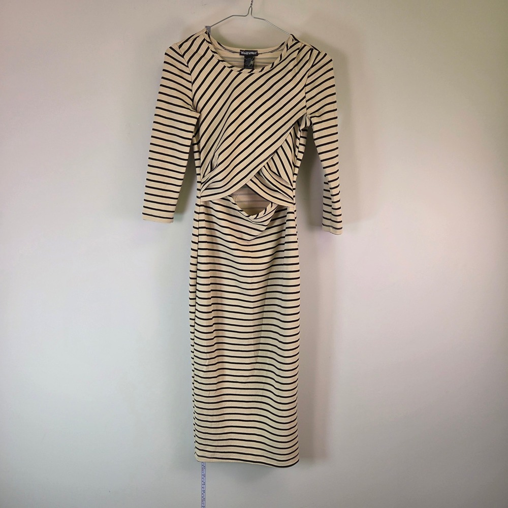 Wearever Striped Ribbed Midi Dress Cream Black Cutout Wrap Front 3/4 Sleeve